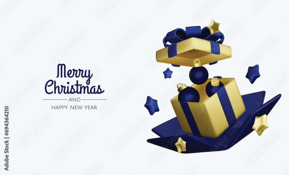 New Year or Christmas sales design template. Vector illustration. Winter background with decorative gift box and gold stars