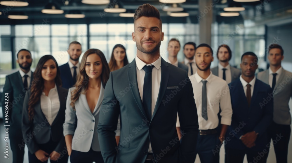 Group of diverse young business people standing together in a modern office