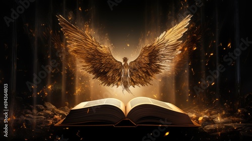 The Bible, the book of the god of Christianity about the covenants of Jesus Christ, with a flame of fire and an angel, golden shades photo