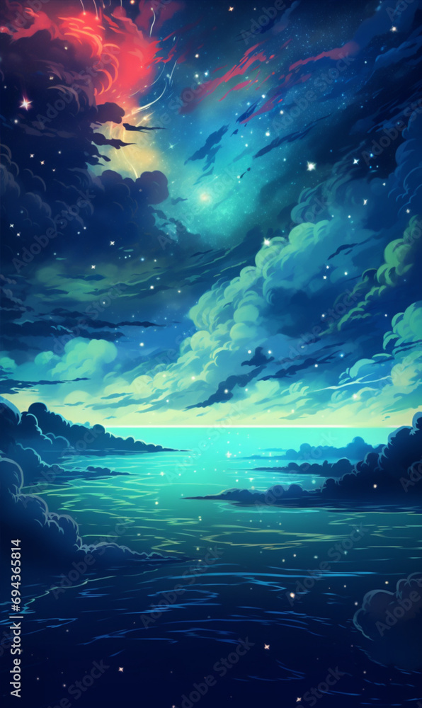 Anime night sky with stars and clouds