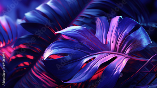 Tropical nature leaves with neon light abstract background. Generative ai. photo