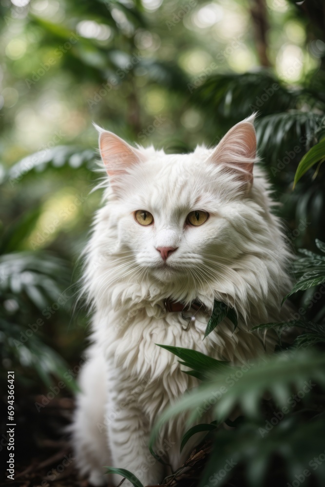 Close-up portrait of a beautiful white Maine Coon cat against a background of green leaves in the forest, tropics, jungle.