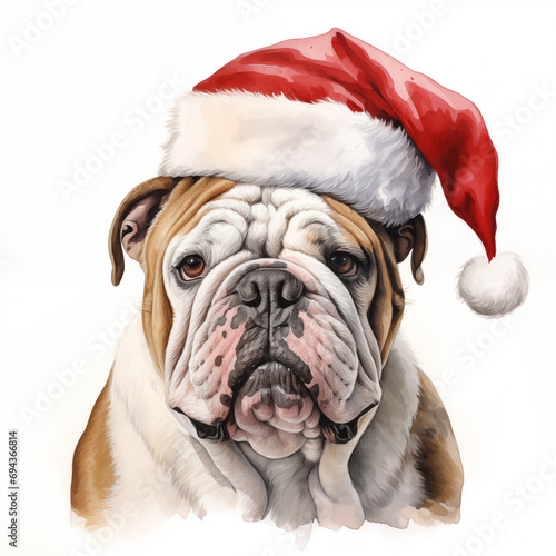 Watercolor painting of an adorable Bulldog breed dog wearing a red Santa Claus hat on a white background. Perfect for making Christmas cards for dog lovers. Christmas illustration. © Chanawat