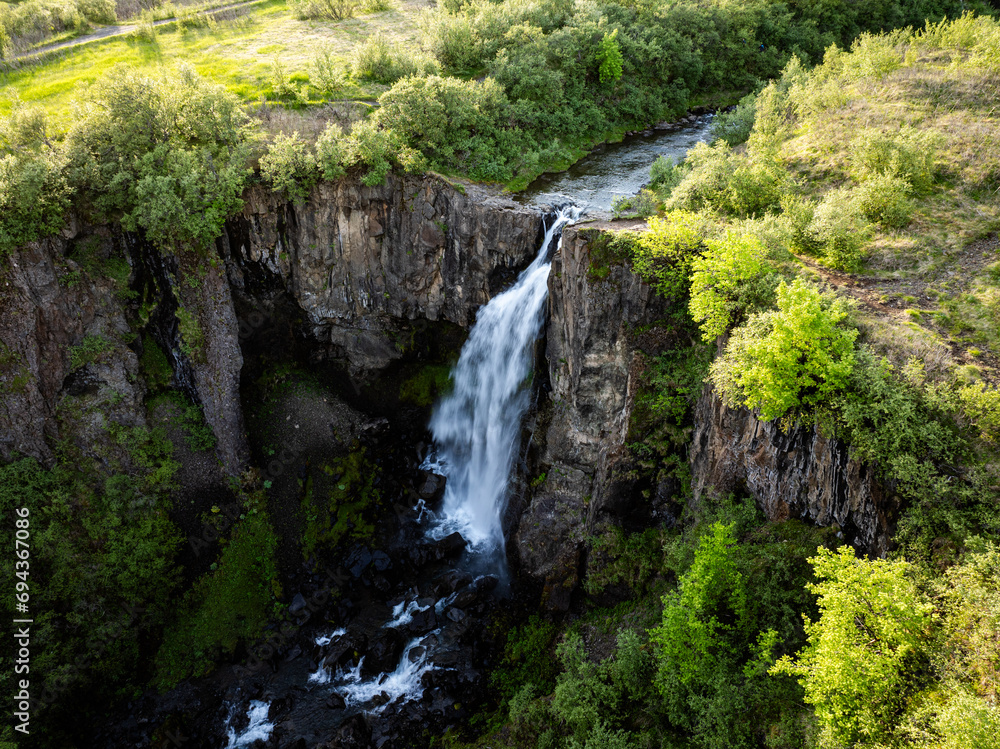 Aerial photography of waterfalls in Iceland, in summer, green Aerial photography of waterfalls in Iceland, in summer, green