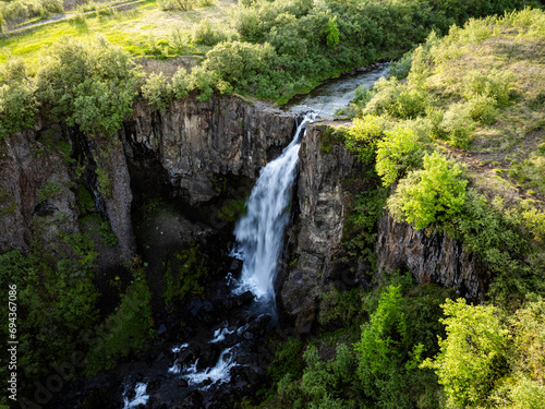 Aerial photography of waterfalls in Iceland, in summer, green