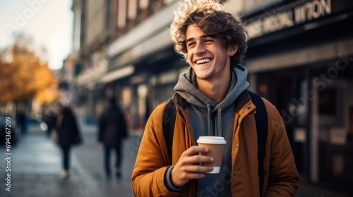 Handsome man with coffee to go in the city street
