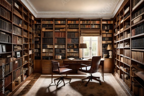 A study room with floor-to-ceiling bookshelves, a large oak desk, and a classic leather armchair.