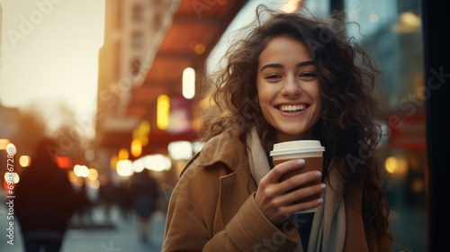 Happy young woman drinking a coffee at city street