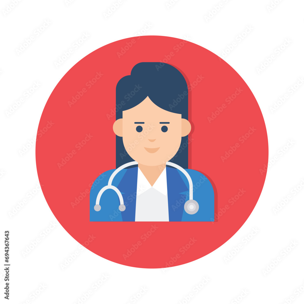 Female avatar having stethoscope denoting concept flat icon of lady doctor