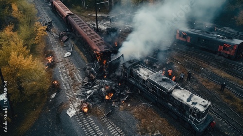 High-angle view of train derailment accident
