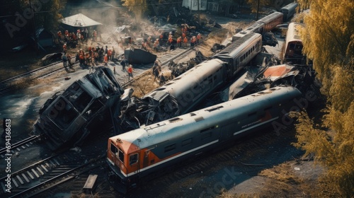 High-angle view of train derailment accident
