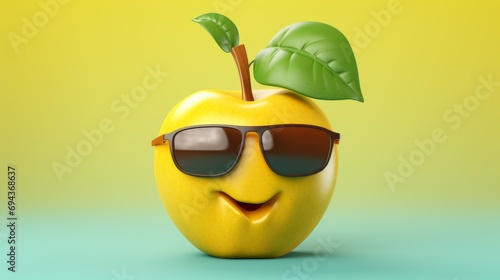 Cheerful and happy yellow apple with glasses. Smiling anthropomorphic fruit on green background photo