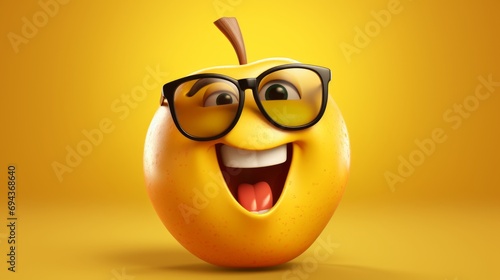 Cheerful and happy yellow apple with glasses. Smiling anthropomorphic fruit photo