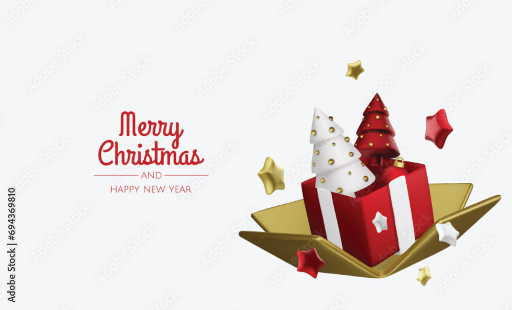 Happy New Year and Merry Christmas. Christmas holiday background with realistic 3d objects,gold and red bauble balls, conical metal stars. Levitation falling design composition.