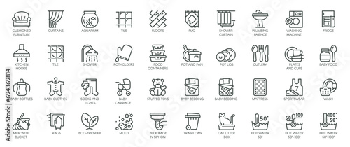 Icons Pack on Cleaning Products. Such Line Signs as Household Items, Kids' Things, Kitchenware, Interior Items, Household Appliances, Plumbing. Vector Icons Set for Web and App in Outline Thin Stroke.