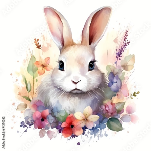 cute rabbit With Flower watercolor Illustration Clip Art