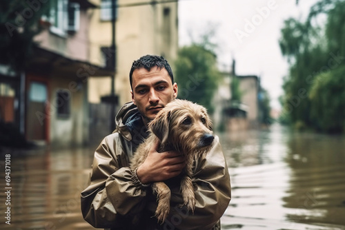 A male rescuer helps a frightened pet dog evacuate in a flood. A devastating natural disaster. AI generated. photo