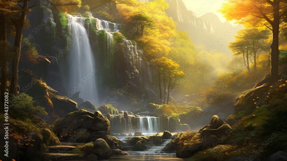 waterfall in autumn forest - obrazy, fototapety, plakaty 