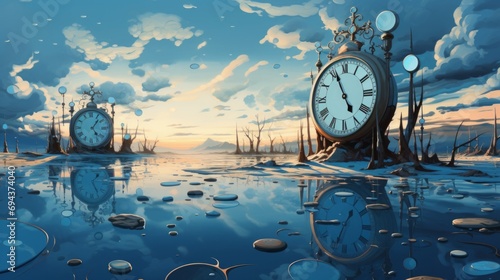 Surreal landscape with clocks, reflecting the concept of time and eternity in a dream-like setting. photo