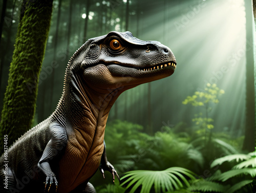 Dinosaur in Jungle: Prehistoric Reptile Amidst Dense Foliage and Tropical Wilderness