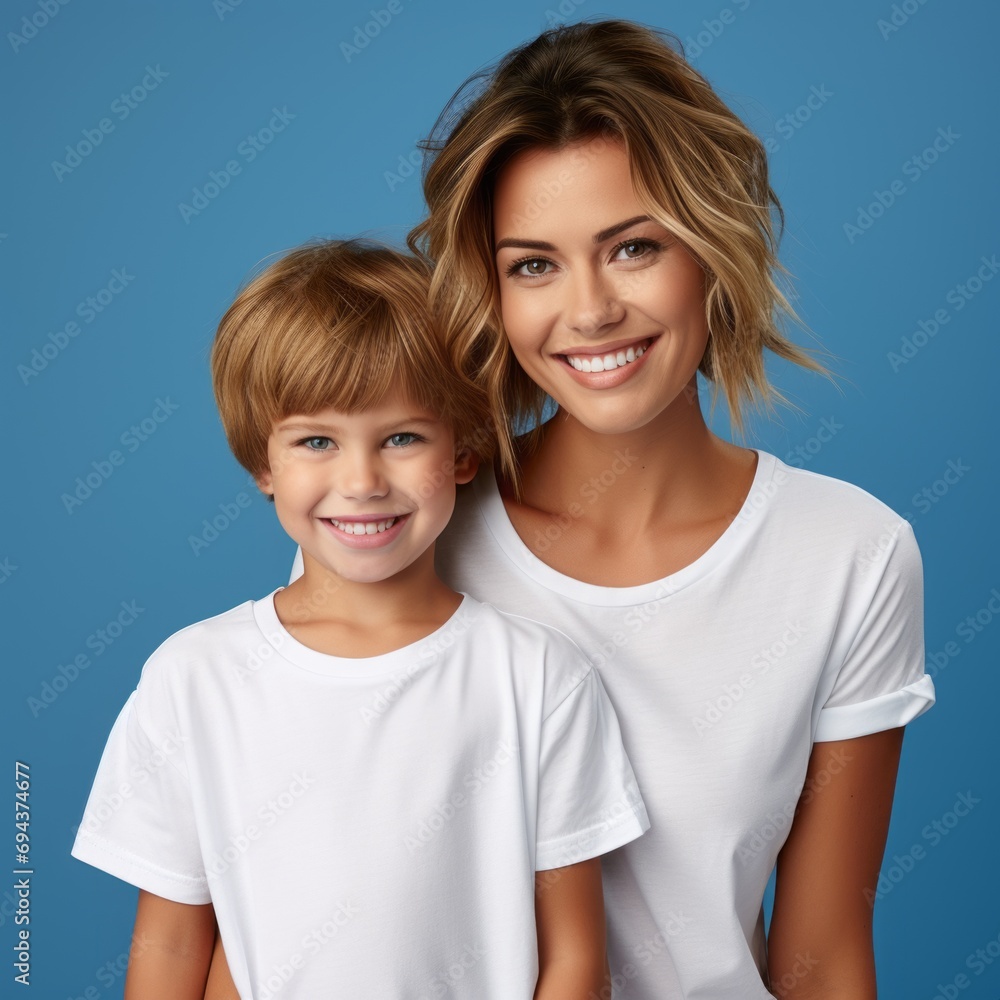 Happy mother and child in white shirts standing on a blue background. Smiling mother hugging her son. Closeup studio portrait of caucasian mom and her child smiling with shiny white teeth. Happy mother and child in white shirts standing on a blue background. Smiling mother hugging her son. Closeup studio portrait of caucasian mom and her child smiling with shiny white teeth.