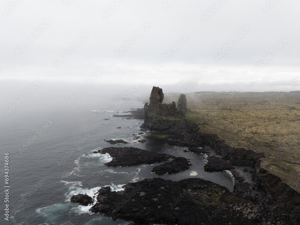 Aerial photography of foggy strait landscape in Iceland, Northern Europe