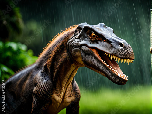 Dinosaur in Jungle  Prehistoric Reptile Amidst Dense Foliage and Tropical Wilderness