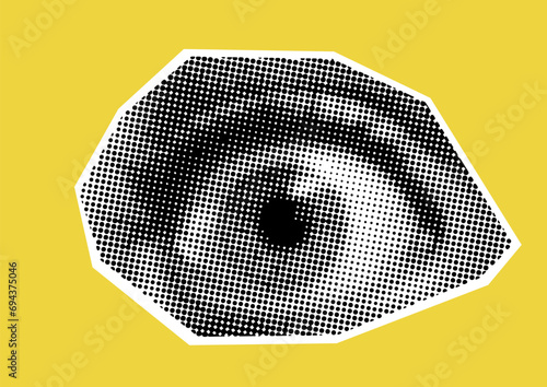 Punk y2k black and white collage elements. Scared eye on yellow background