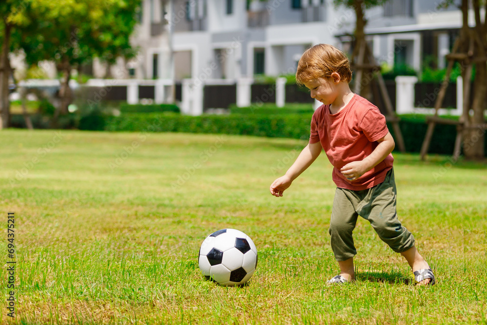 My son enjoys playing football in the backyard. Happy little child in nature in the park My son enjoys playing football in the backyard. Happy little child in nature in the park
