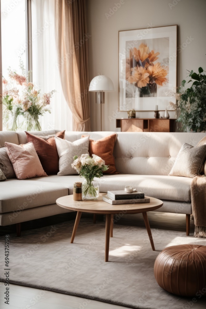 The modern interior of a cozy living room with a sofa, pillows, flowers in vases, carpet, with the falling light of the sun from the window. Design, comfort, home concepts.