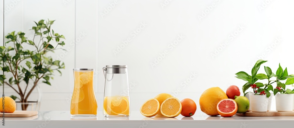 Contemporary kitchen setup with citrus fruits and glass of fresh juice - obrazy, fototapety, plakaty 