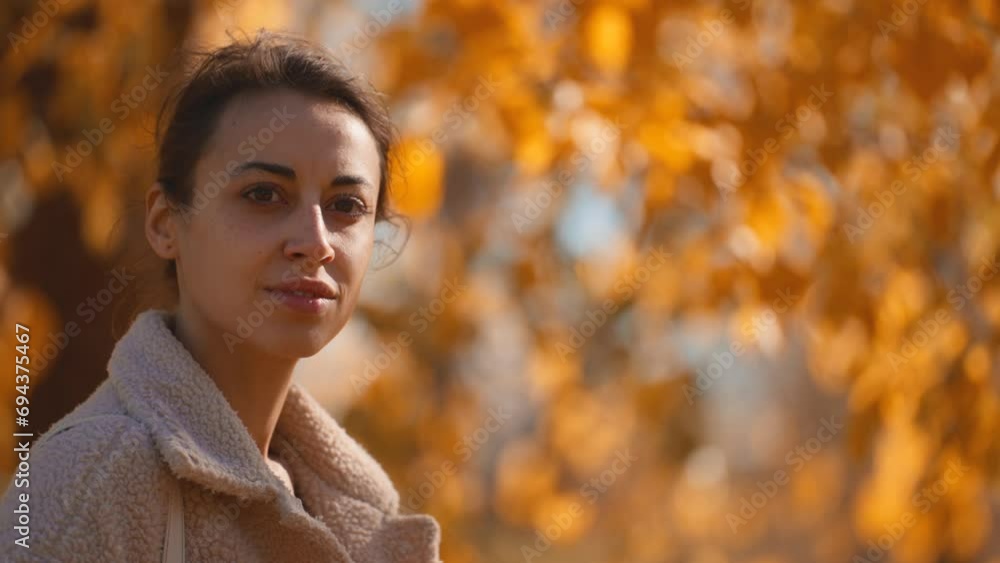 autumn portrait of beautiful stylish woman wearing in brown pants, sweater and cozy bomber jacket walking autumn park outdoors. girl on red and orange leaves background at sunny warm fall season day autumn portrait of beautiful stylish woman wearing in brown pants, sweater and cozy bomber jacket walking autumn park outdoors. girl on red and orange leaves background at sunny warm fall season day