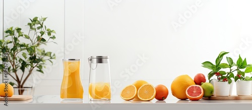 Contemporary kitchen setup with citrus fruits and glass of fresh juice photo