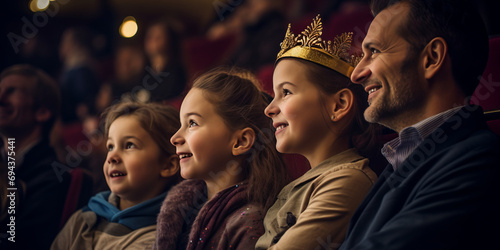 kids Audience members watching a performance in a theater with girl wearing a crown.