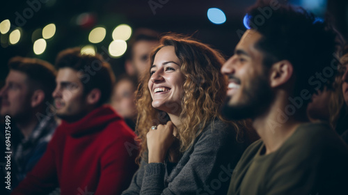 a group of people as an audience watching concert, watching attentively under vibrant, colorful lights.