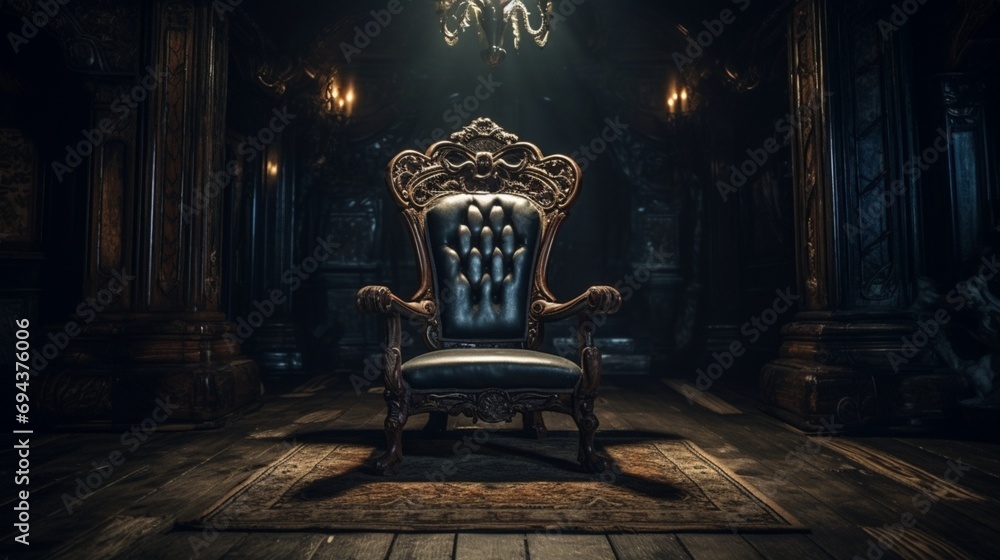 A chair in an old mansion is always warm, as if someone just got up from it. Explore the legend surrounding this chair and the unseen entity that claims it. - obrazy, fototapety, plakaty 