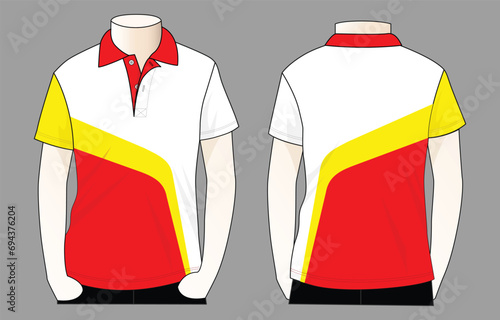 Short sleeve polo shirt with white-yellow-red design on gray background.Front and back view, vector file