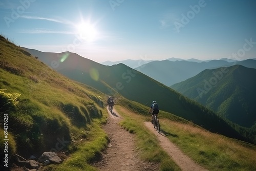 Bicycle with cyclist rider at sunset on a mountain road. Active healthy sport hobby. AI generated.