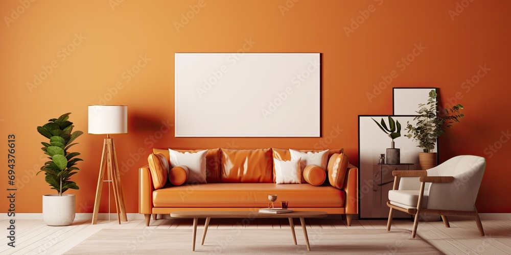 Decorative home interior design with a poster frame, modular sofa, armchair, coffee table, rowan vase, and personal accessories. Template.