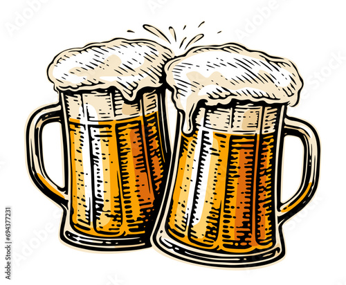 Hand drawn two toasting beer mugs. Clinking glass tankards full of beer and splashed foam. Cheers, vector illustration
