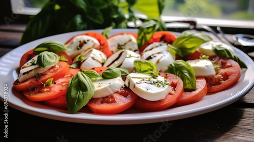 a classic Caprese salad, featuring ripe tomatoes, fresh mozzarella, and basil leaves, artfully arranged on a white platter.