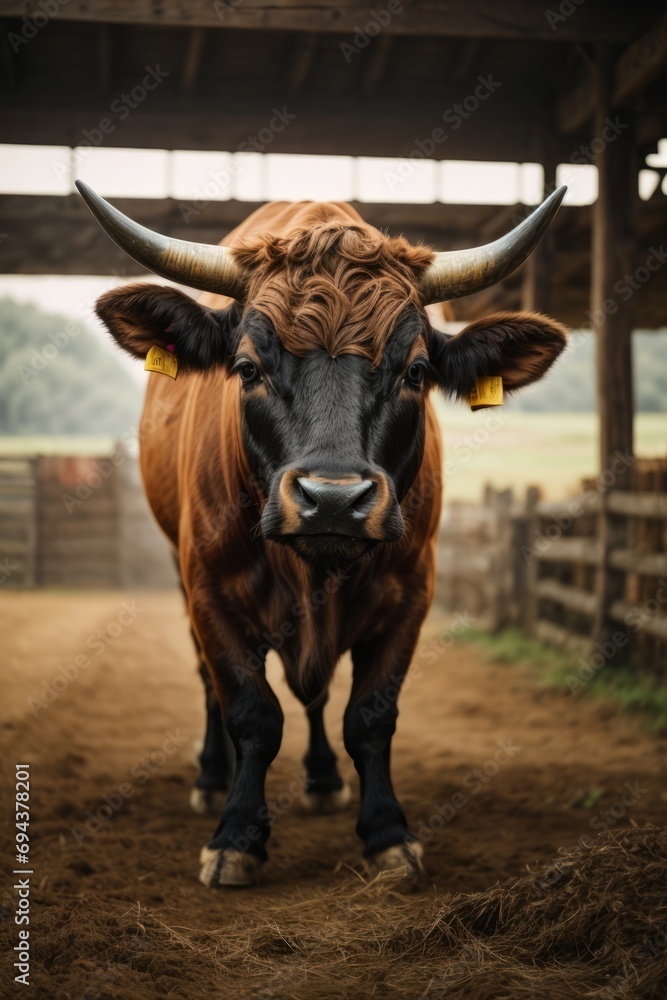 Close-up of a beautiful brown cow with long horns in a barn. Farm, pets, agriculture.