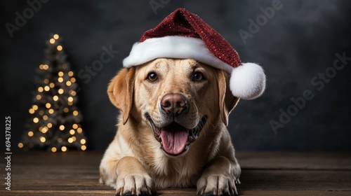 Happy Dog Wearing a Santa Hat with Christmas Tree in Background