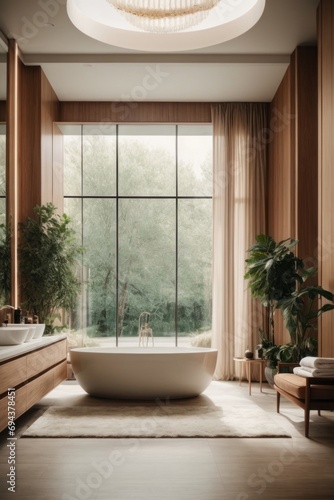 Modern bathroom with large windows. Interior design. © liliyabatyrova
