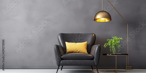 Minimalistic sitting room with stylish retro interior, featuring a design chair, gold lamp, small table with vase, and black mock-up frame, captured in a real photo on a gray background wall.