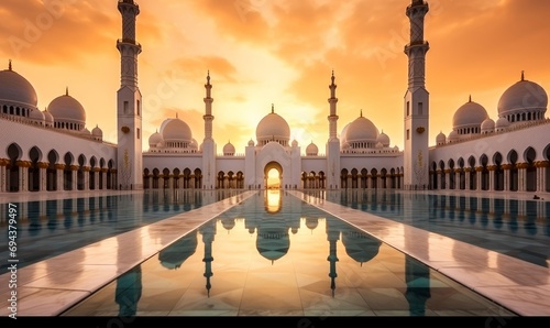 Abu Dhabi, UAE, Sheikh Zayed Grand Mosque in the Abu Dhabi, United Arab Emirates on a sunset view background. Generative AI  © The Picture Show