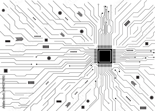 Cyberpunk black circuit diagram on white background. High-tech circuit board connection system. Central Computer Processors CPU concept. technology on white background. photo