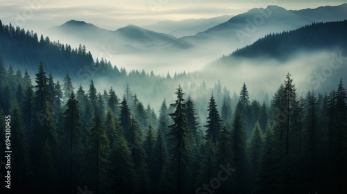 A dense cluster of pine trees shrouded in early morning mist.