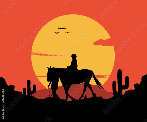 Silhouette of cowboys riding horses at sunset. Horses riding at sunset