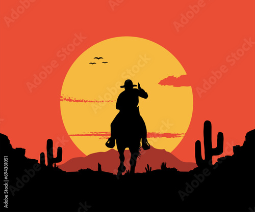 Silhouette of cowboys riding horses at sunset. Horses riding at sunset